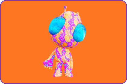 Orange square with orange and pink alien with blue eyes