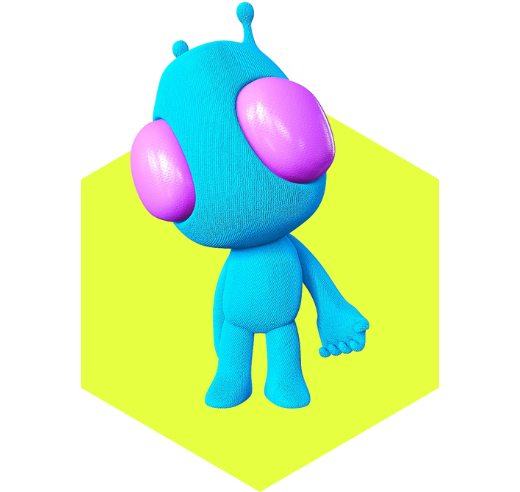 blue alien with light pink eyes standing on a bright yellow hexagon