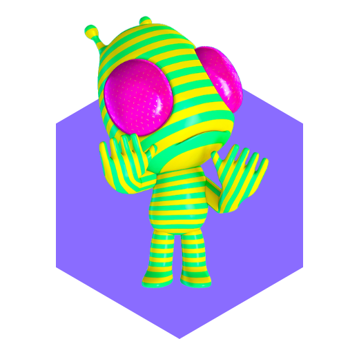 yellow and green striped alien with bright pink eyes and holding his hands up standing on a light purple hexagon