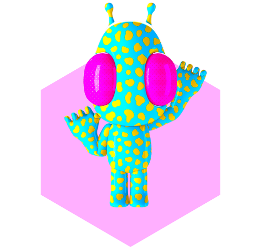 mint green alien with yellow polka dots with bright pink eyes standing on a light pink hexagon and waving its left hand